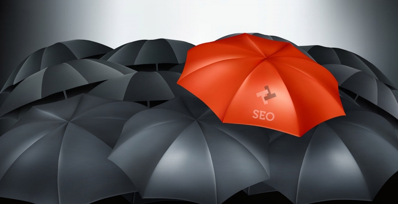 Red umbrella with SEO and TTWD Logo standing out among black umbrellas