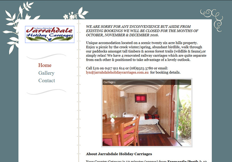 Screenshot of the Jarrahdale Holiday Carriages Website