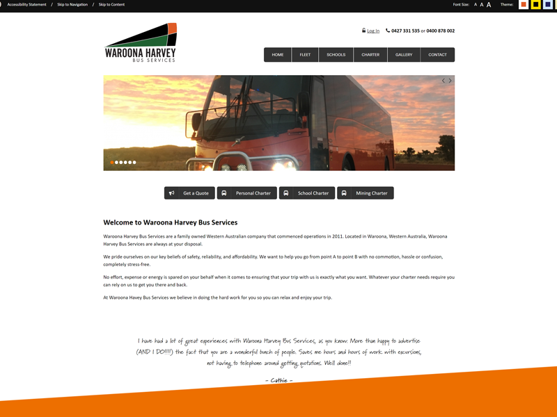 Screenshot of the Waroona Harvey Bus Services Website