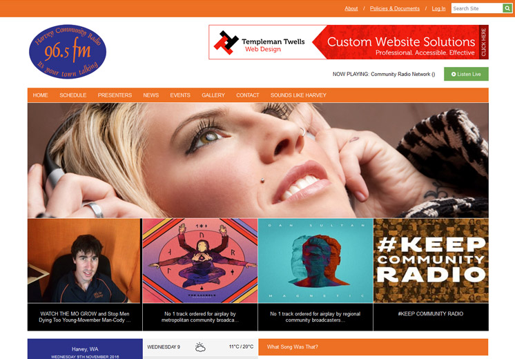 Screenshot of the Harvey Community Radio Website